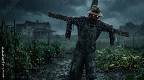 A menacing scarecrow with glowing red eyes stands in a muddy garden field under heavy rain, with an old farmhouse in the eerie dark background during stormy weather.