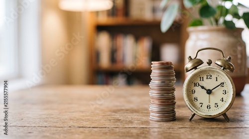 Stack of coins next to vintage alarm clock on wooden table for financial planning concept