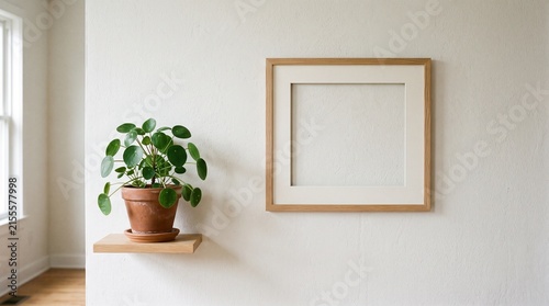 Minimalist empty wooden frame on white wall with potted green plant for modern home decor styling