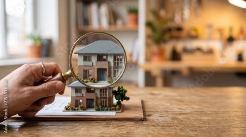 Hand examines miniature house model with magnifying glass for real estate investment analysis
