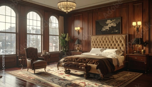 Luxurious Vintage Bedroom with Large Windows and Plush Bed