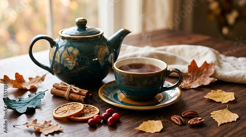 Cozy autumn tea setting with teapot and cup on wooden table with fall leaves and spices