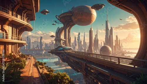 Futuristic Cityscape with Elevated Highways and Orbital Buildings