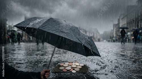 Person holding black umbrella walking in heavy rain on wet city street