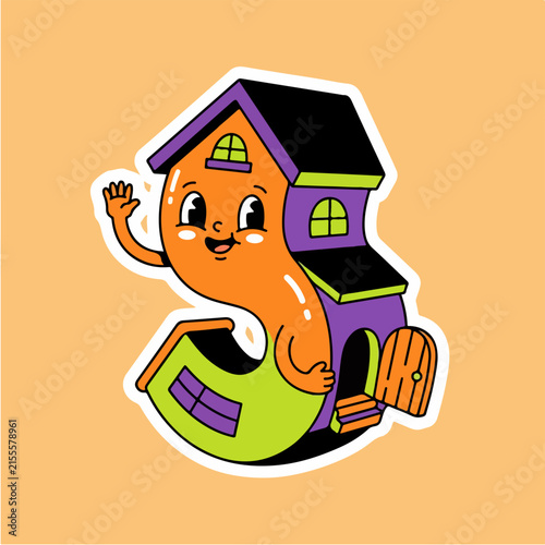 Retro cartoon house character sticker, cute anthropomorphic home halloween mascot waving, vintage style building vector illustration