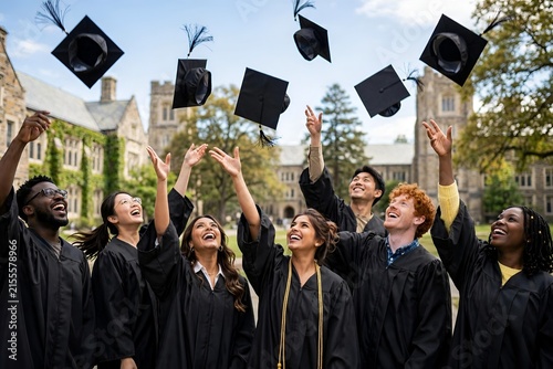 Eight Graduates Celebrating with Caps in the Air on Campus