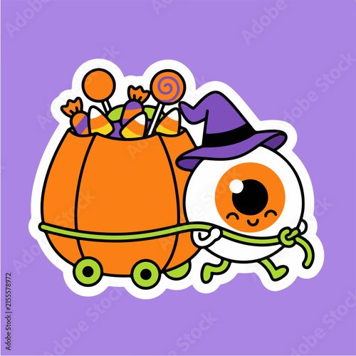 Cute Halloween eyeball sticker vector, spooky cartoon character pulling pumpkin cart, sweet trick or treat candy illustration