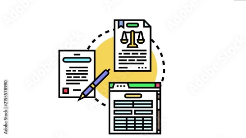 Documents various stages of legal process, including contract signing, data analysis, and legal validation, symbolizing official authenticity and compliance