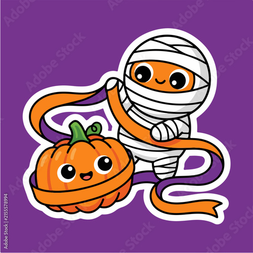 Cute Halloween mummy sticker vector, kawaii mummy wrapping a pumpkin cartoon, spooky holiday character illustration
