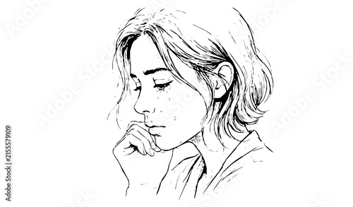 Sad woman crying in side profile with tears emotional black and white hand drawn vector portrait