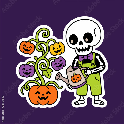 Cute Halloween skeleton gardener sticker, cartoon skeleton watering pumpkin vine patch, spooky autumn gardening vector illustration