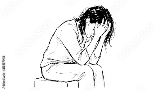 Unhappy crying woman holding her head emotional black and white hand drawn vector illustration