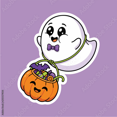 Cute Halloween ghost sticker vector, friendly cartoon ghost holding pumpkin candy bucket, spooky trick or treat illustration