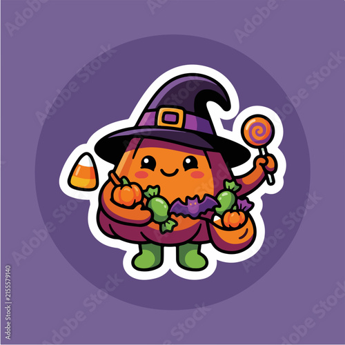 Cute Halloween pumpkin sticker, cartoon witch character with candy, kawaii jack o lantern vector illustration
