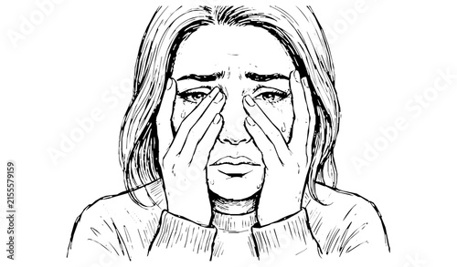 Sad crying woman portrait with tears hand drawn black and white emotional vector illustration