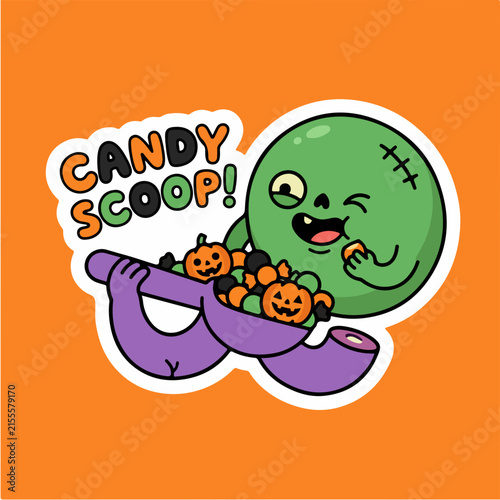 Cute Halloween zombie sticker vector, candy scoop illustration with cartoon monster, spooky pumpkin sweets graphic