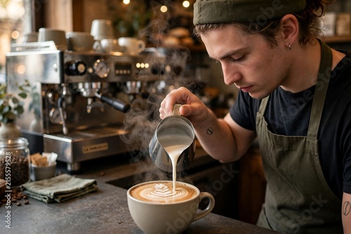 Tattooed Barista in Beanie Pouring Steamed Milk into Coffee Cup