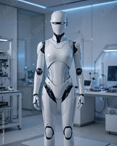 Futuristic White Humanoid Robot Standing in Tech Laboratory