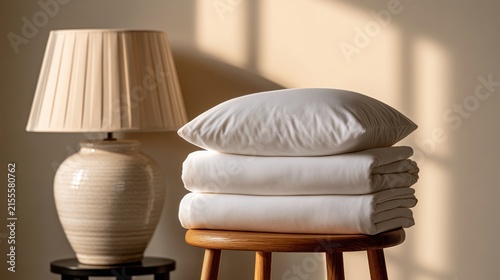 Cozy Bedroom Scene: A stack of neatly folded white bedding sits beside a textured table lamp, bathed in soft, warm light creating a peaceful and inviting atmosphere for relaxation.