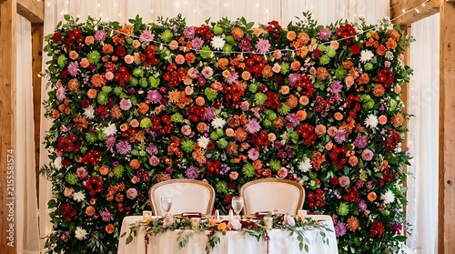 Wedding backdrop with lush vibrant floral wall and two elegant chairs at sweetheart table for romantic event photography.