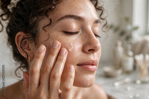 Curly-Haired Woman with Scrunchie Applying Face Serum