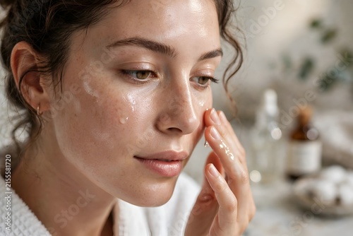 Woman Applying Hydrating Serum to Cheek in Bathroom