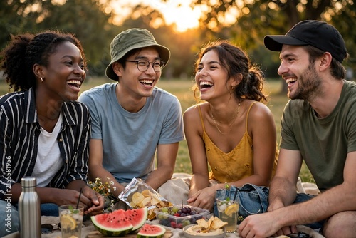 Four Friends in Hats Laughing Together at Golden Hour Picnic