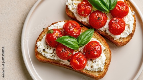 Roasted Tomato Bruschetta: A delightful open-faced sandwich featuring toasted artisan bread topped with creamy cheese, a generous portion of oven-roasted cherry tomatoes, and fresh basil leaves.
