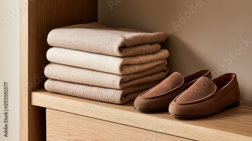 Cozy Comfort: A pair of soft, brown suede loafers sits beside a neat stack of folded beige blankets, evoking a sense of warmth and relaxation in a home setting.