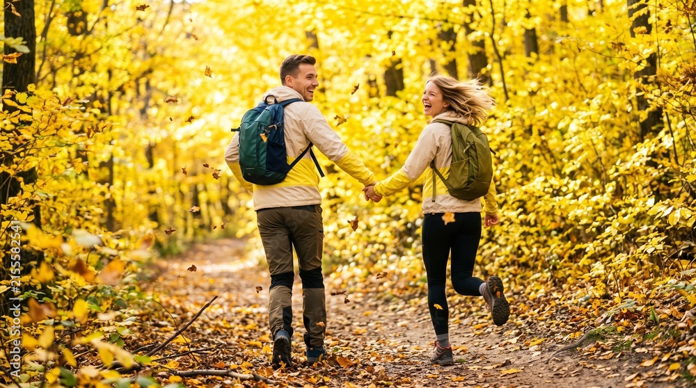 Fototapeta premium Happy couple running on a golden leaf path in an autumn forest