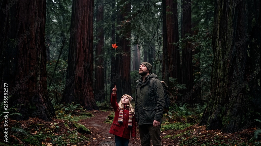 Fototapeta premium Father and daughter gazing at a falling maple leaf in a redwood forest