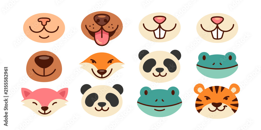 Fototapeta premium Cute Cartoon Animal Faces Set with Cat, Dog, Rabbit, Bear, Fox, Panda, Frog and TigerCute Cartoon Animal Faces Set with Cat, Dog, Rabbit, Bear, Fox, Panda, Frog and Tiger