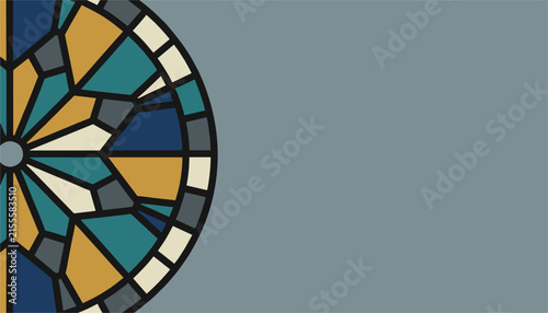 Elegant colorful stained glass mandala pattern on the left side of a solid grey background with copy space.
