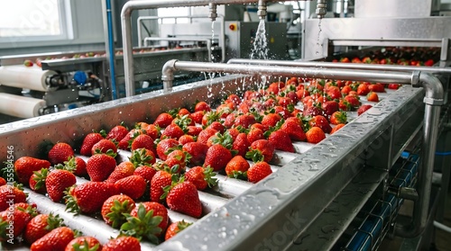 Fresh red strawberries washed on industrial conveyor line for packing.