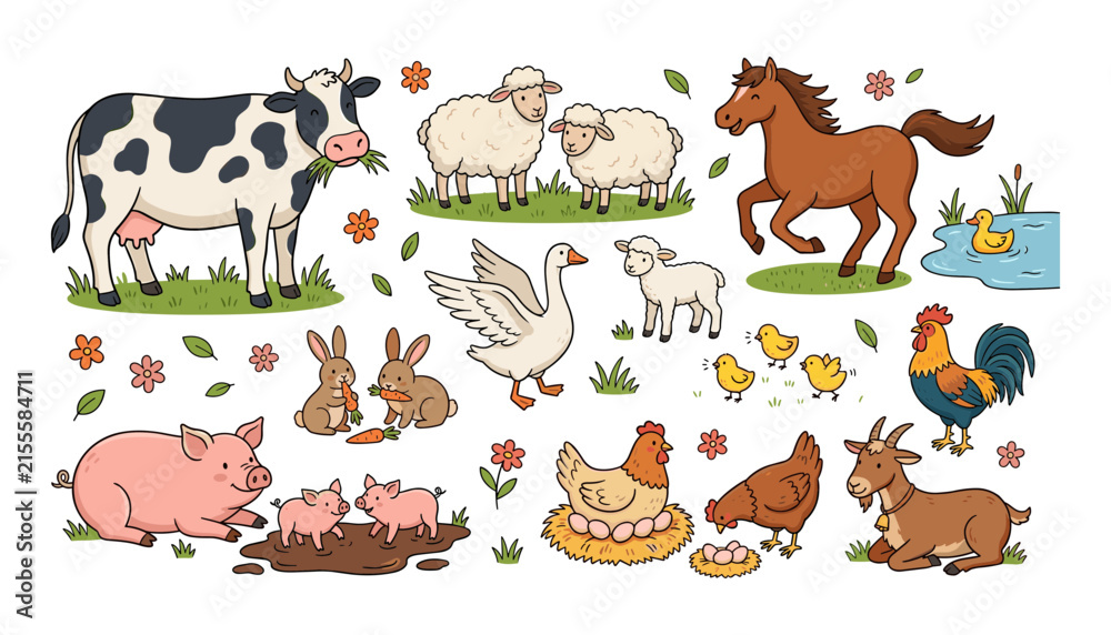 Fototapeta premium Cute cartoon farm animals icons set vector doodle with funny livestock characters isolated on white background