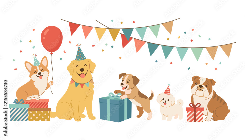 Fototapeta premium Cute cartoon puppies celebrating birthday party with colorful flags garlands gifts and balloon isolated vector illustration banner