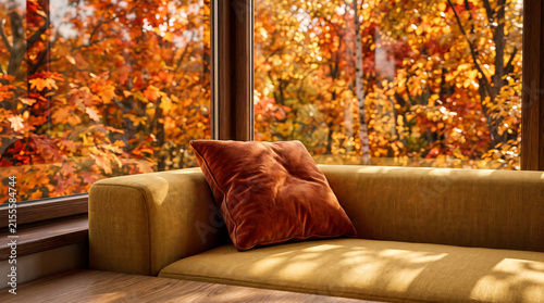 Seasonal interior detail, sofa and autumn window composition, mustard and rust palette echoing fall tree colors outside, no people