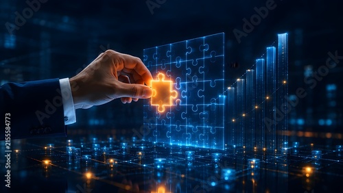 A human hand thoughtfully places a glowing puzzle piece into a digital grid, symbolizing strategic problem-solving, innovative solutions, and achieving future business growth.