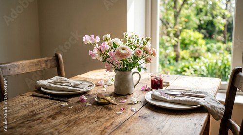 Wooden dining table with ceramic plates and linen napkins, ceramic jug of spring flowers, scattered petals, warm morning light, spring green outside