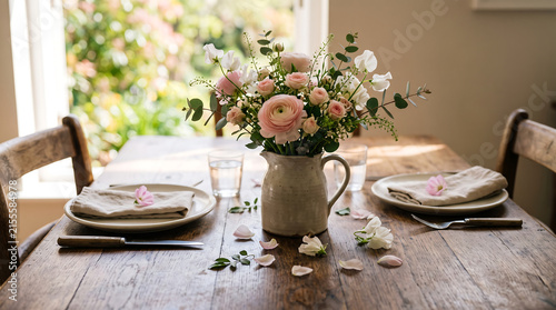 Seasonal dining detail, simple spring table with fresh flowers and petals, warm morning light patches on wood surface, shallow depth of field