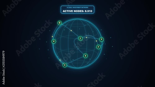 Futuristic Global Finance Network HUD with Currency Icons and Globe