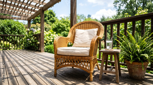 Summer outdoor close-up, woven rattan texture in midday sun, veranda shadows and garden blur behind, cold drink beside, no people