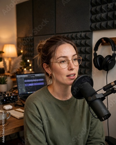 Bespectacled Woman Podcasting into Microphone in Acoustic Studio