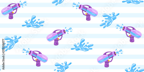 Purple water guns and splashes. Seamless pattern on light blue striped background. Playful summer vector illustration