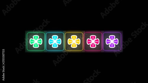 5 Lucky Leaf Rating Bar Glass morphism Overlay - Multi Color Neon Clover Icons Lighting Up Sequentially on Clean Black Background