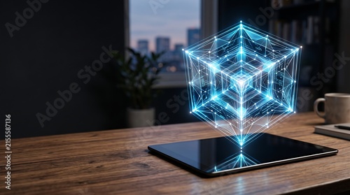 Futuristic 3D holographic cube projecting from a digital tablet on a wooden desk in a modern office at night
