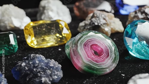 Assortment of faceted gemstones and raw mineral rocks arranged on a dark, textured surface, close-up studio shot
