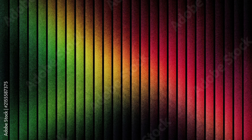 Abstract vertical stripe background with green yellow and red color gradient. Dark textured ribbed pattern with soft light glow. Modern geometric backdrop for creative digital design projects.