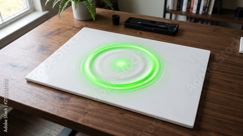 Futuristic smart device or wireless charger on a wooden desk displaying glowing green concentric circular ripples