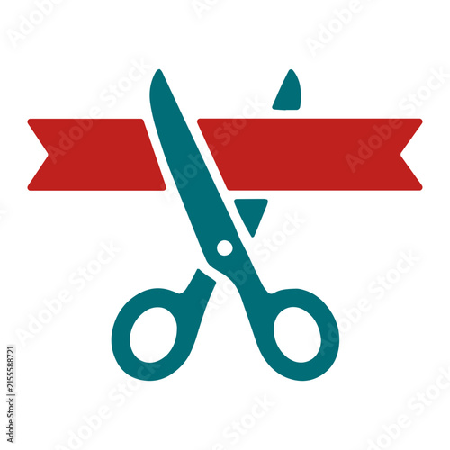 Scissors Cutting Ribbon Icon Vector, Teal and Red Grand Opening Symbol, Ceremony Sign